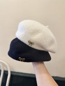 ขนสัตว์คุณภาพสูงพับโลหะผีเสื้อ Knot Beret หมวก ฤดูใบไม้ร่วง ฤดูหนาว สไตล์ใหม่ ผู้หญิง ทันสมัย Small Boy Newsboy หมวกศิลปิน