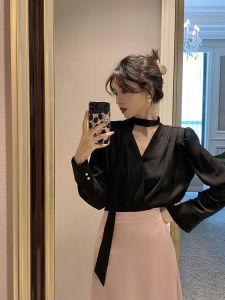 French Elegant Black Satin V-neck Shirt Womens Autumn Design Sense Sash Chiffon Top Korean Style Commute Straight Cut Long Sleeve
