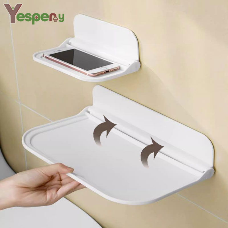 YESPERY Foldable Wall Shelf Bathroom Punch-free Wall-mounted Storage Rack Phone Holder Jewelry Remote Control Towel Clothes Storage Rack