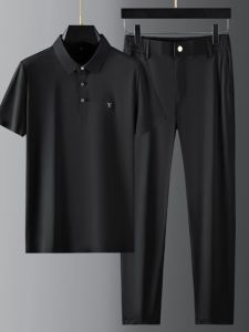 ชุดกีฬาลำลองแขนสั้นผ้าไหมน้ำแข็งไซส์ใหญ่ 2 ชิ้น สำหรับผู้ชาย ฤดูร้อน 2024 เสื้อโปโลคอตั้ง ชุดกีฬาลำลอง ชุดกีฬา