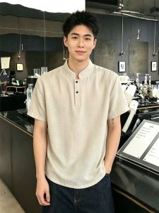 OUMULONG | Breathable Comfortable Henry Collar Cotton Linen T-shirt Short Sleeve