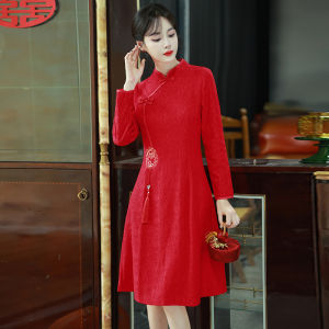 New 2025 Chinese Style Embroidered Long Qipao Dress Daily Wear Wedding Dress Bridesmaid Dress Large Skirt Wine Offering Ceremony