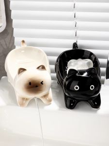 Ceramic Cat Soap Dish Home Use No Drilling Bathroom Sink Soap Draining Rack Nordic Style Colorful Household Cleaning Tool