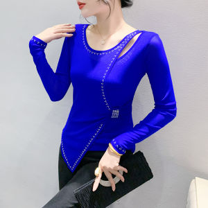 YIMEI เสื้อเชิ๊ตตาข่ายแขนยาวของผู้หญิงเสื้อเชิ๊ตผู้หญิงคอกลมพลอยเทียมรัดรูปเสื้อเชิ๊ตเข้ารูปพอดีเสื้อฐานดำ