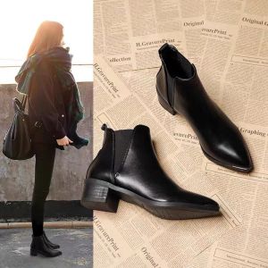 Pointed Toe Martin Boots Womens British Style 2024 New Autumn Winter Versatile mid High Heel Elastic Band Thick Heel Short Boots