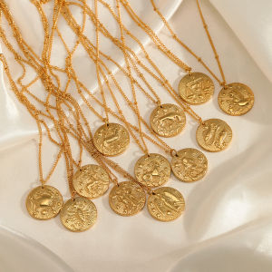 BESFOME 12 Horoscope Zodiac Coin Pendant For Women Jewelry Astrology Zodiac Jewelry Stainless Steel 18K Gold Plated Sign Necklace