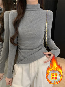 Korean Style Long Sleeve Womens T-Shirt Slim Fit Waist Cinched Thin Design Fleece Thin Velvet Inner Wear Commute Style