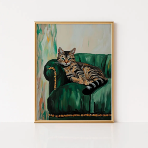 Retro Tabby Cat in Green Armchair Wall Print Decor - Elegant Feline Oil Painting for Classic Living Room Accent Timeless Bedroo