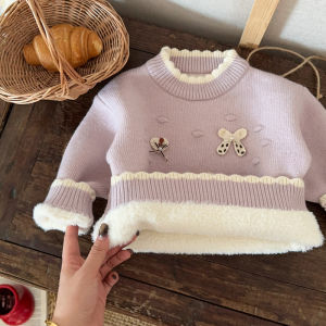 Thickened Knitted One-Piece Fleece Hooded Sweater for Girls Sweet Style Autumn Winter Warm Baby Girls Knitwear Soft Process