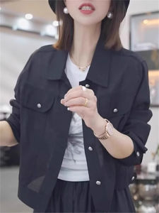 เสื้อเชิ้ตคอโปโลแขนยาวทรงหลวมสไตล์เกาหลีสำหรับผู้หญิงในช่วงฤดูร้อนปี 2025 เสื้อเชิ้ตแขนยาวบางสีดำสำหรับผู้หญิง