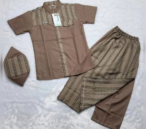 Setelan Baju Koko Anak Lengan Pendek & Sarung Celana + Peci 3-12 Tahun Model Sarcel Sarung Celana