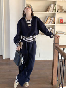 Trendy Casual Sportswear Set Womens Spring 2025 Wide Leg Pants Two-Piece Hoodie Outfit Blue Striped Patchwork Design