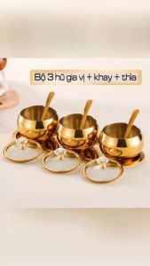 Lọ gia vị Inox 304 Thép không gỉ khay với thìa nắp nhà bếp theo kiểu Hàn Quốc. Bộ gồm 3 hũ 3 thìa và 1 khay.
