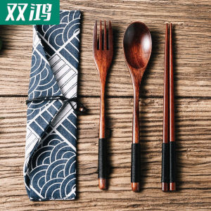 Portable Japanese Style Wooden Chopsticks Spoon Set Single Person Student Children Dining Utensils Storage Box Three Pieces Set