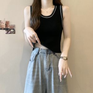 French Style Knitted White Strap Vest Womens Outerwear Autumn Winter plus Size Conceal Belly Slimming Inner Wear Top