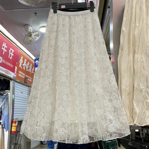 French Vintage Hollow out Sequin Tulle Half Skirt Women Spring Large Flounce A-Line Midi Short Size Skirts Princess Style