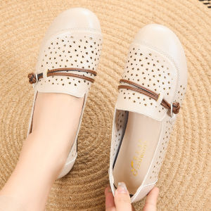 Comfortable Soft Bottom Genuine Leather Shoes Spring Autumn Style Womens Single Shoes Anti-Slip Slip-On round Toe Flat Heel