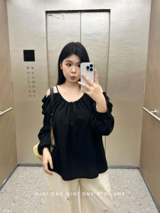 NINI ONE Korean Style Shoulder Bared Short Sleeve Shirt Slimming Versatile Womens Summer Loose T-Shirt Casual Pure Cotton round Neck