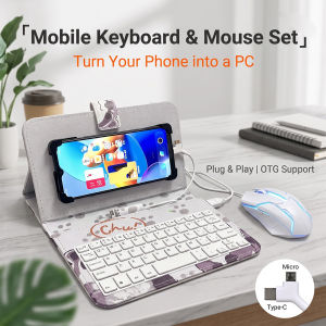 Turn Phone Into Mini Computer Wired Keyboard Mouse Kit Portable Leather Case Plug Play for Android OTG Devices