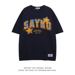 MOISHE TIDE American Letter Star Embroidery Short Sleeve T-Shirt Mens Summer Loose Casual Cotton Tee Streetwear Popular