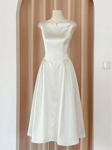 Elegant French High-End Sensation Summer New White Waist-Cut Sleeveless Dress Simple Style Commute Korean Version Silk Blend