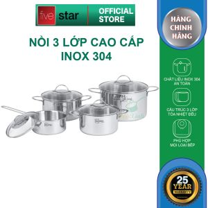 Bộ nồi inox 304 cao cấp 3 lớp đúc liền khối Fivestar Plus quai oval nắp kính ( quánh 16cm   nồi 18cm  nồi 20cm   nồi 24cm )  dùng được mọi bếp
