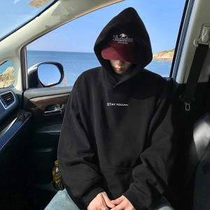 Retro American Trendy Brand Hooded Fleece Lined Cotton Sweatshirt Loose Fit Mens Jacket Heavyweight Casual Streetwear