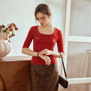 OLrain French Style round Neck Short Sleeve T-Shirt Womens Slim Fit Base Shirt Spring Commute Elegant Top Ladies Fashion