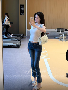 Retro High Waist Straight Leg Blue Jeans Womens Slim Fit Nine Tube Pants Casual Style High Waist Cotton Stretch Denim