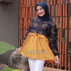 ILKABATIK Milea Blouse Motif Mega Mendung Busui Resleting Depan Batik Wanita Kerja Kantor Seragam