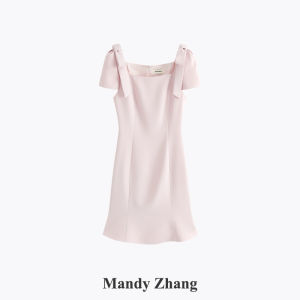 French CHIC White Square Neck Fish Tail Bow Dress