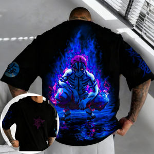 Bandai | Demon Slayer Mens and Womens T-shirt Summer New Akaza Anime Printed Harajuku Plus Size Trend Y2K Casual Loose Parent Child Top