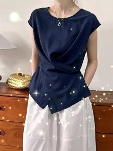 Navy Short Flutter Sleeve Asymmetrical Cross-over T-shirt
