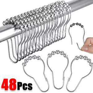 48/12 ชิ้น ตะขอแขวนผ้าม่านอาบน้ำสแตนเลสลายน้ำเต้า / / ตะขอแขวนสำหรับห้องน้ำ / ตะขอแขวนผ้าม่านแบบลูกกลิ้งกันสนิม / หัวเข็มขัดแขวนอเนกประสงค์