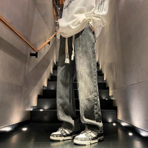 Thickened Fleece Loose Straight Leg Jeans Mens Winter Black Long Pants Youth Casual Wear Durable Cotton Polyester Blend