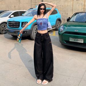 QIAOMIDUO | High Waist Wide Leg Denim Jeans Womens Retro American Style With Big Pockets Casual Fashion Floor-Length Trousers