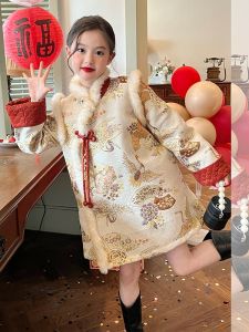 Winter Cotton Blend Dress Childrens New Year Visiting Clothes Girls Traditional Chinese Style Long Sleeve Midi Skirt
