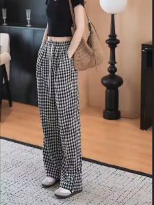 กางเกงขากว้างลายสก็อตสีดำขาวทรงหลวมเอวสูงสำหรับผู้หญิง กางเกงขายาวทรงตรงบางๆ สำหรับฤดูร้อน ผ้าโพลีเอสเตอร์ผสมคอตตอนและยางยืด