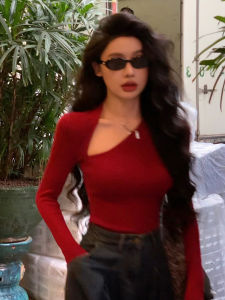 Áo Thun Nữ Tay Dài Ôm Vừa Vặn Thời Trang Xuân Thu Thiết Kế Không Đều Hở Vai Cổ Chữ V Dài Vừa Phải Chất Liệu Cotton