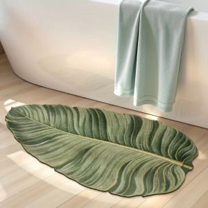 VIKAMA Green Leaf-Shaped Printed Carpet Home Decoration Bathrooms And Entrance Door Mats Highly-Absorbent And Dirt-Resistant