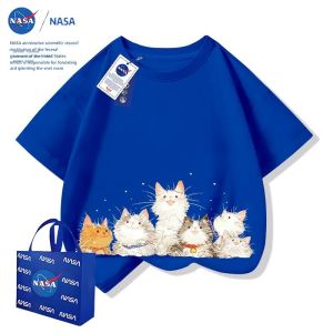 NASA Cat Girl Short Sleeve T-Shirt Summer Outdoor Wear Childrens Half Sleeve Top Cotton Cartoon Print Kids Fashionable Shirt