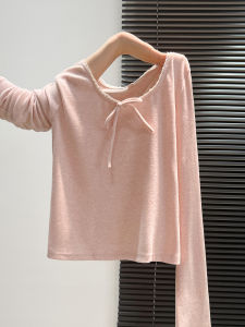 Pink Lace Long Sleeve T-Shirt Women Early Autumn Butterfly Knot Pure Desire Slimming Super Beautiful Base Shirt Top