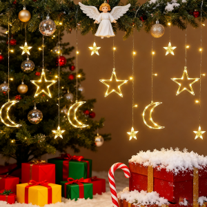 ไฟประดับรูปดาวและพระจันทร์ ไฟ LED 120 ดวง ไฟประดับม่านหน้าต่างแบบกระพริบ ใช้แบตเตอรี่ สำหรับคริสต์มาส งานแต่งงาน