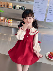 ชุดเดรสผ้าฝ้ายลายดอกไม้แขนยาวสไตล์เจ้าหญิงสำหรับเด็กผู้หญิง ชุดเดรสฤดูใบไม้ผลิและฤดูใบไม้ร่วงแบบลำลองคอตุ๊กตาสองชั้น