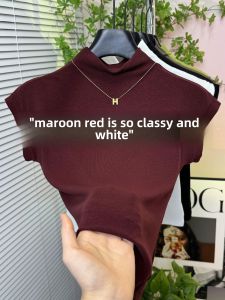 Fancy Red Half Turtleneck Flying Sleeve T-Shirt Female 2024 Summer Elegant Slim Looking Waistcoat Sleeveless Short Tops