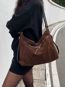 Caramel Suede Leather Tote Bag Womens Crossbody Shoulder Bag Large Capacity Commuter Vintage Style Handbag Pure Color