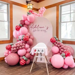 128Pcs A set of pink strawberry themed balloon wreath and arch set for weddings birthdays parties and single party decorations