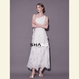 SHANGSHA | Stylish Unique Asymmetric One-shoulder White Evening Dress