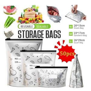 50pcs Reusable Aluminum Foil Food Storage Bags with Zipper Refrigerator Zip Pouch Self-Sealing Fresh Keeping Bag for Fruits & Meats Food Vacuum Packaging Zipper Aluminum Foil Food StorageBag Stand-Up Resealable FreezerPouches with Write on Labels