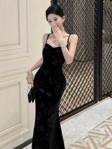 Elegant Velvet Long Sleeveless Dress Womens Autumn Fashion High Waist Birthday Anniversary Ball Gown Black Velvet Wrap Dress